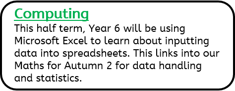 Computing: This half term, Year 6 will be using Microsoft Excel to learn about inputting data into spreadsheets. This links into our Maths for Autumn 2 for data handling and statistics.