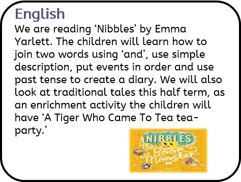 English: We are reading ‘Nibbles’ by Emma Yarlett. The children will learn how to join two words using ‘and’, use simple description, put events in order and use past tense to create a diary. We will also look at traditional tales this half term, as an enrichment activity the children will have ‘A Tiger Who Came To Tea tea-party.’