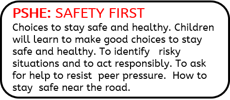 PSHE: SAFETY FIRST: Choices to stay safe and healthy. Children will learn to make good choices to stay safe and healthy. To identify risky situations and to act responsibly. To ask for help to resist peer pressure. How to stay safe near the road.